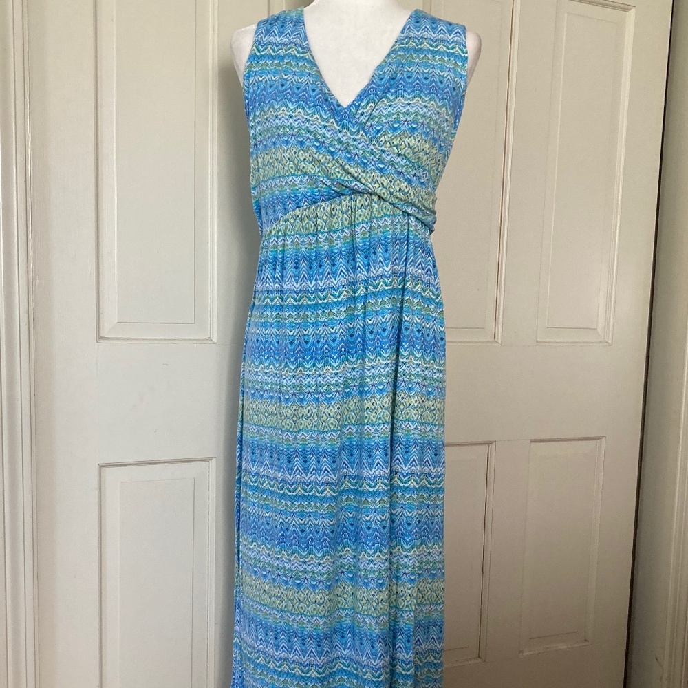 J.Jill Aegean Island Blue/Green Ikat Print Maxi Dress SIZE L